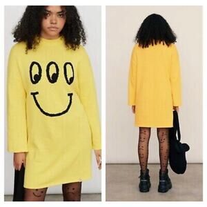 Lazy Oaf Strange Face Happy Sad Oversized Cotton Sweater Dress Yellow Small